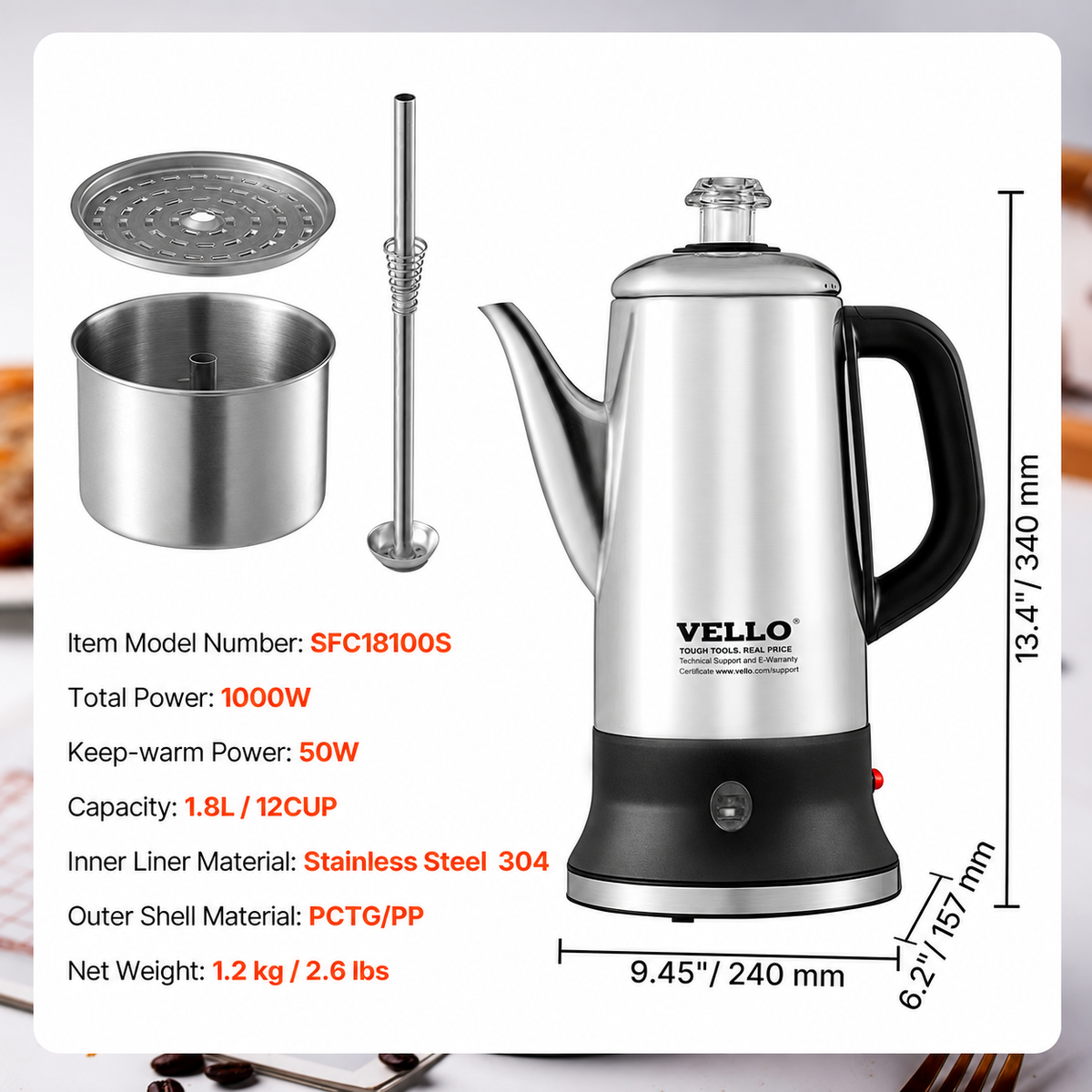 12-Cup Electric Percolator Coffee Pot, 304 Stainless Steel